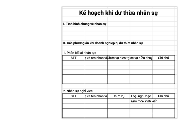 Mẫu kế hoạch hành động khi thừa nhân sự