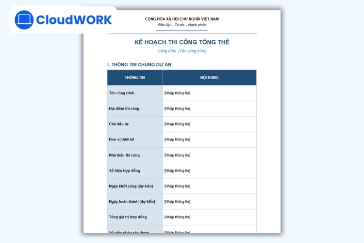 Mẫu kế hoạch thi công tổng thể (Word)