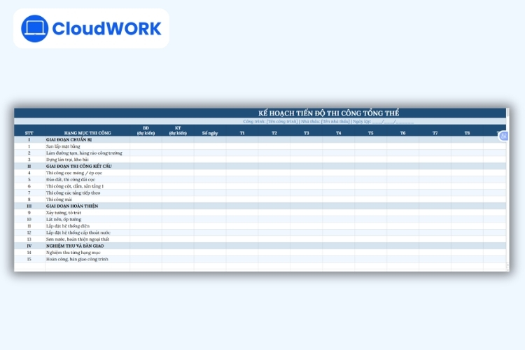 Mẫu kế hoạch thi công tổng thể (Excel)