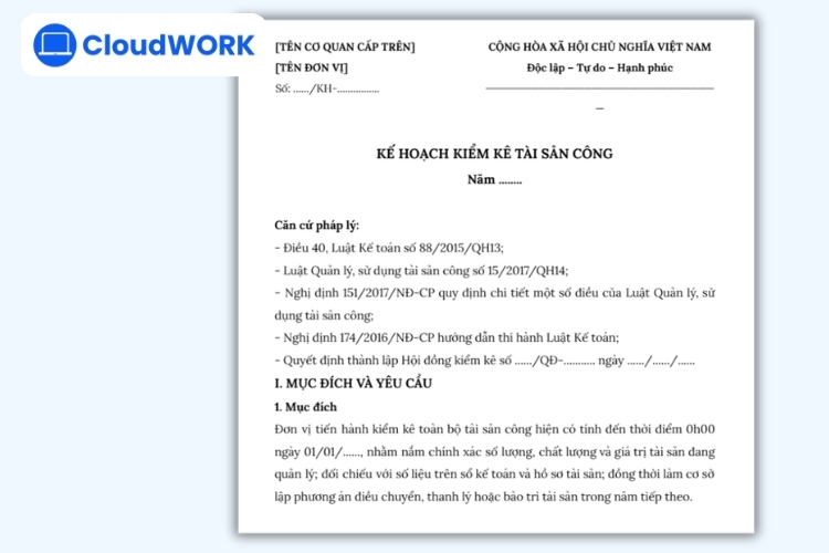 Mẫu kế hoạch kiểm kê tài sản cho cơ quan nhà nước