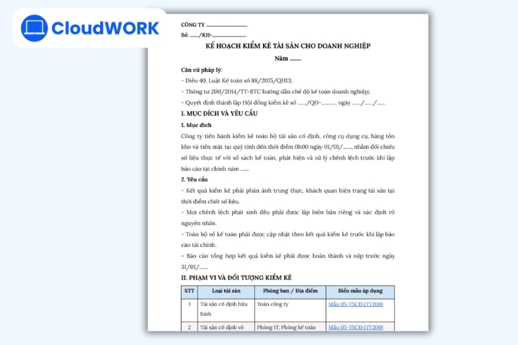 Mẫu kế hoạch kiểm kê tài sản cho doanh nghiệp